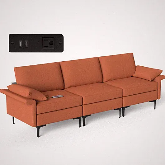Large 3-Seat Sofa Sectional with Metal Legs and 2 USB Ports for 3-4 people-Red