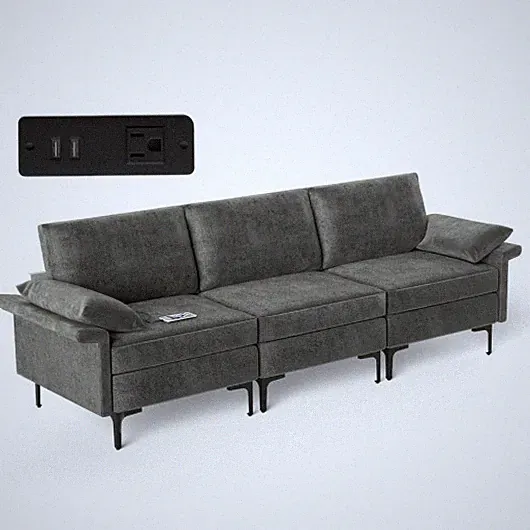 Large 3-Seat Sofa Sectional with Metal Legs and 2 USB Ports for 3-4 people-Silve