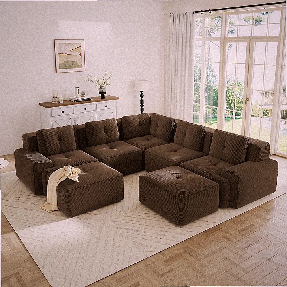 Large 5-Seat Sectional Sofa with Ottomans, Corduroy Fabric Deep Seat