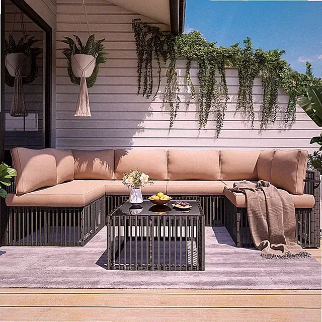 Large 7-Piece Wicker Outdoor Sectional Set with Washable Cushions and Table