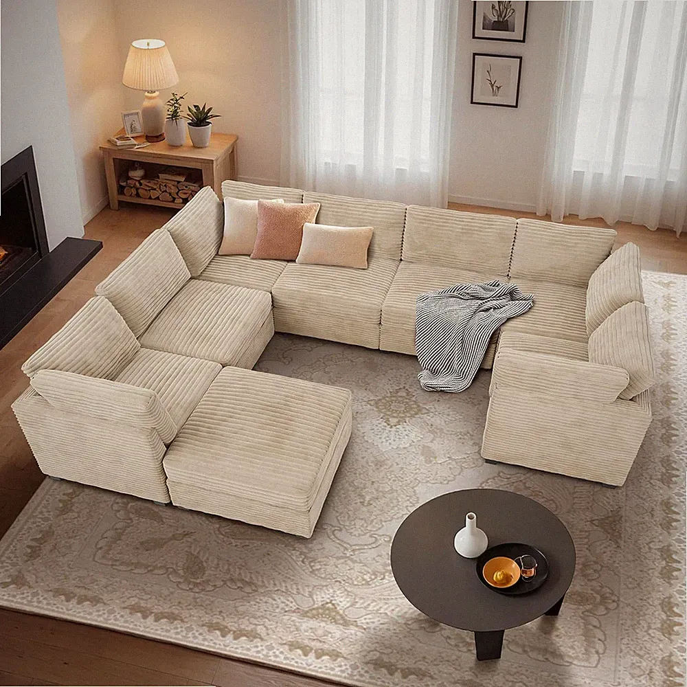 Large 8 Seat Modular Sectional Couch with Ottoman Seat Corduroy Sleeper Sectiona