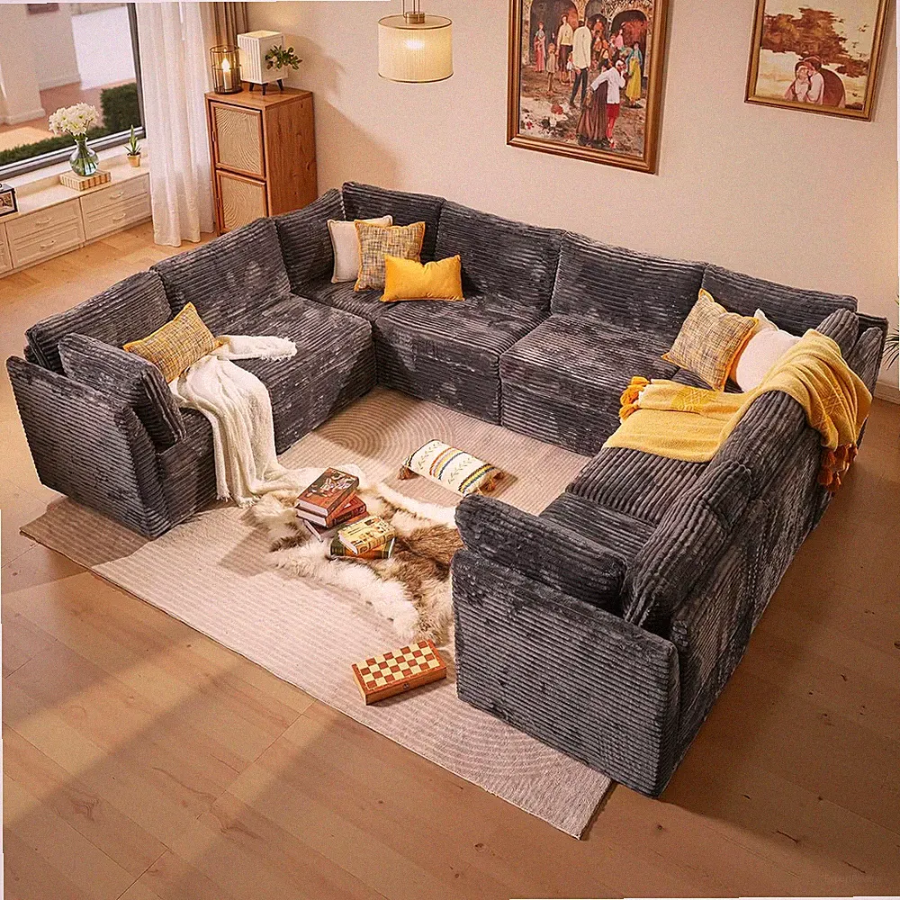 Large 8 Seat Modular Sectional Couch with Ottoman Seat Corduroy Sleeper Sectiona
