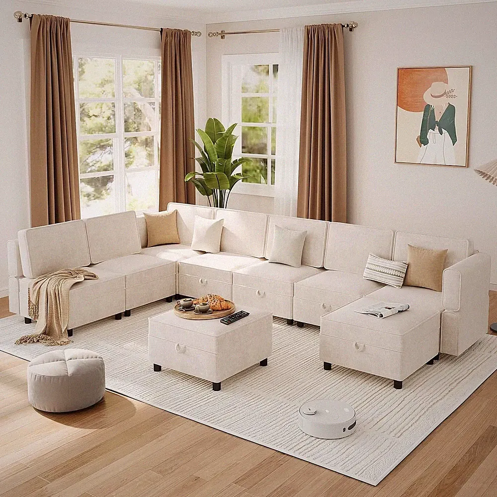 Large 9-Seat Modular Sectional Sofa L-Shaped Couch Sleeper Bed Storage Ottoman
