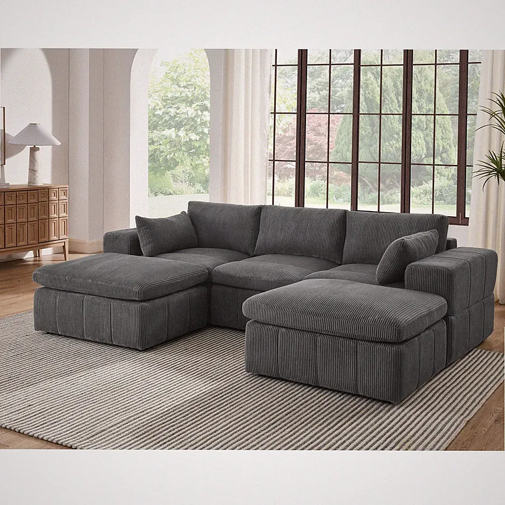 Large Arms Corduroy Upholstered Modular Sectional Sofa with 2 Ottomans