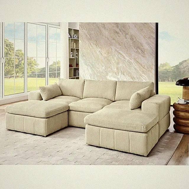 Large Arms Corduroy Upholstered Modular Sectional with 2 Ottomans