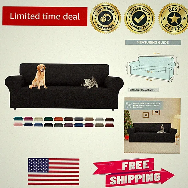Large Black Stretch Sofa Slipcover - Pet-Friendly Non-Slip Furniture Protector