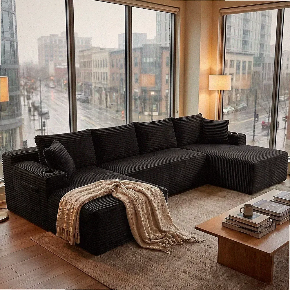 Large Black U-Shaped Modular Sectional Sofa Corduroy Boneless Couch
