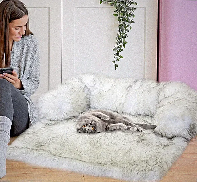 Large Calming Dog Bed, Luxury Fluffy Faux Fur Pet Couch and Furniture protection
