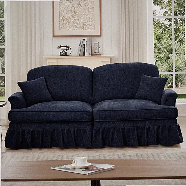 Large Chenille Sofa 2 Seater Couch with Removable Ruffles, Blue - Living Room