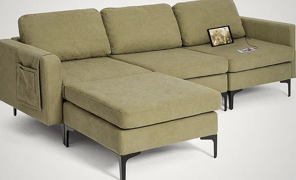 Large Convertible Sofa with USB Ports & Storage, L-Shaped Sectional Green