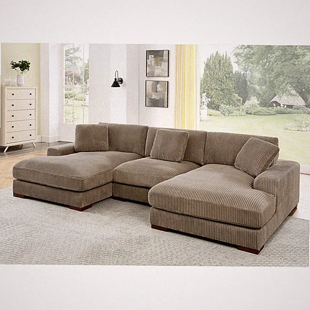 Large Corduroy Double Chaise Sectional Sofa, Camel, 125" L