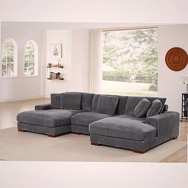 Large Corduroy Double Chaise Sectional Sofa, Dark Gray, 125"L