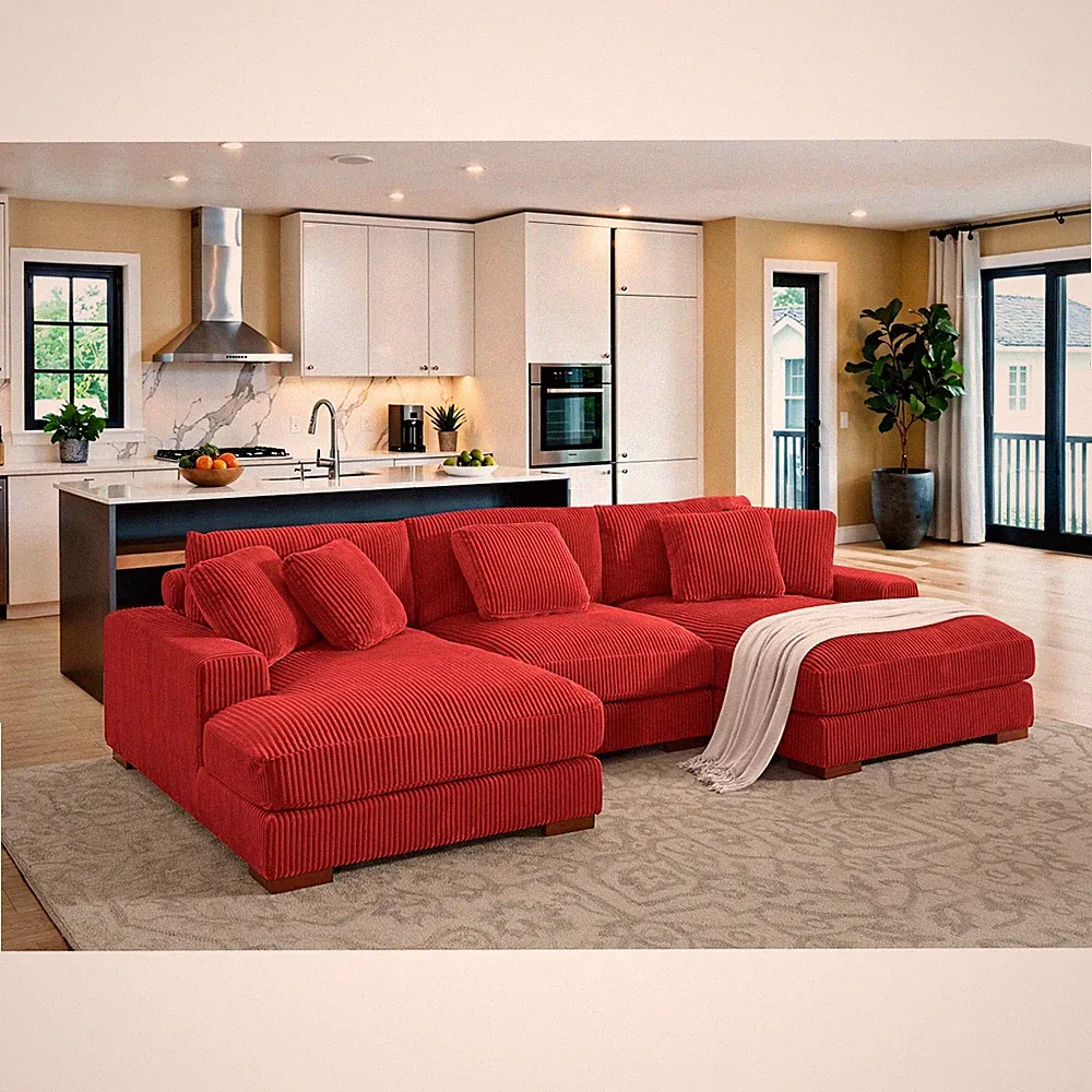 Large Corduroy Upholstered Double Chaise Sectional Sofa 65"W