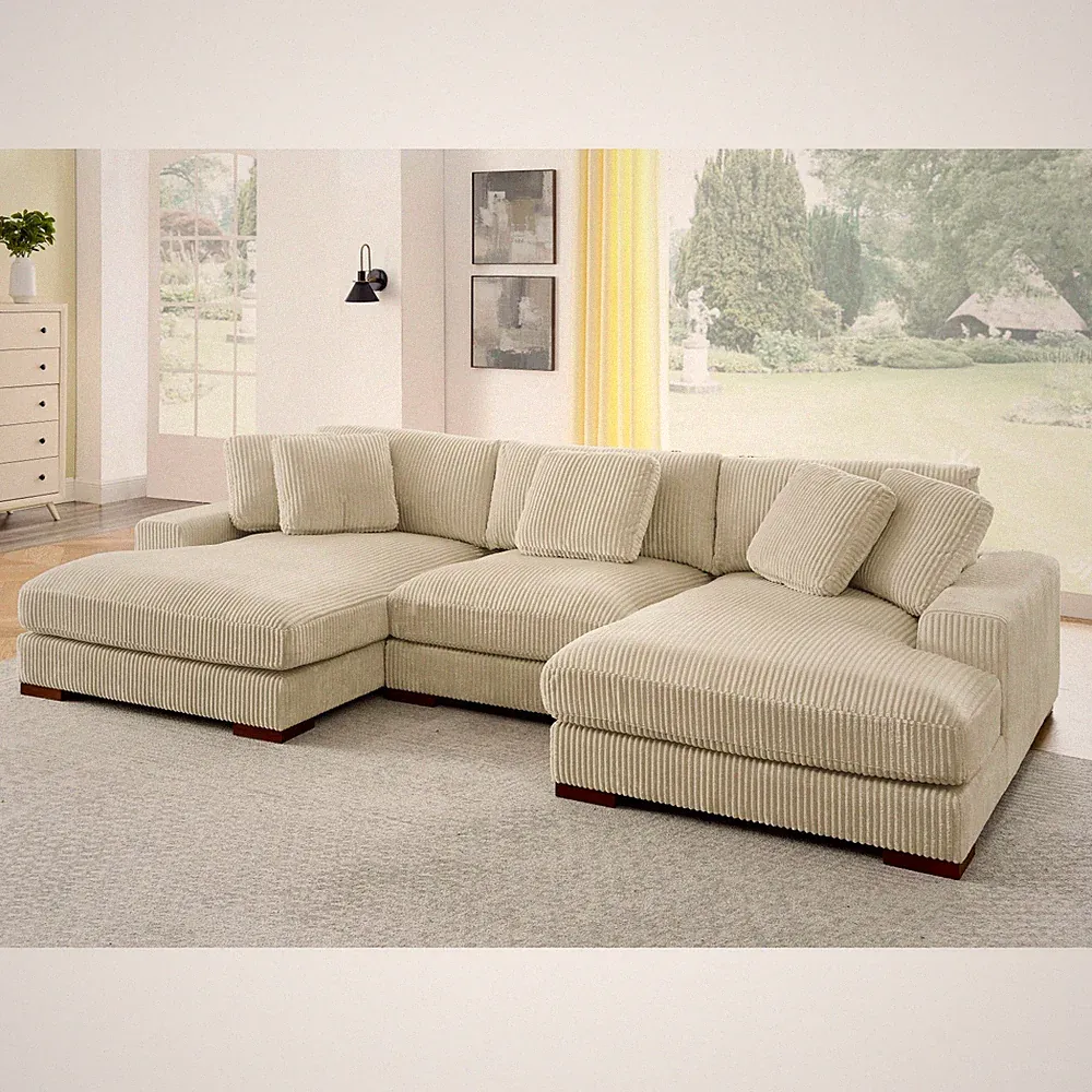 Large Corduroy Upholstered Double Chaise Sectional Sofa, Beige