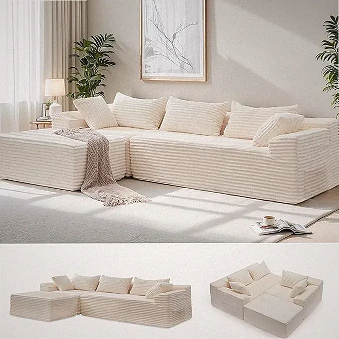 Large Cozy 110" Couch L-Shaped Sofa Plush & Fluffy Modular Black Gray Beige