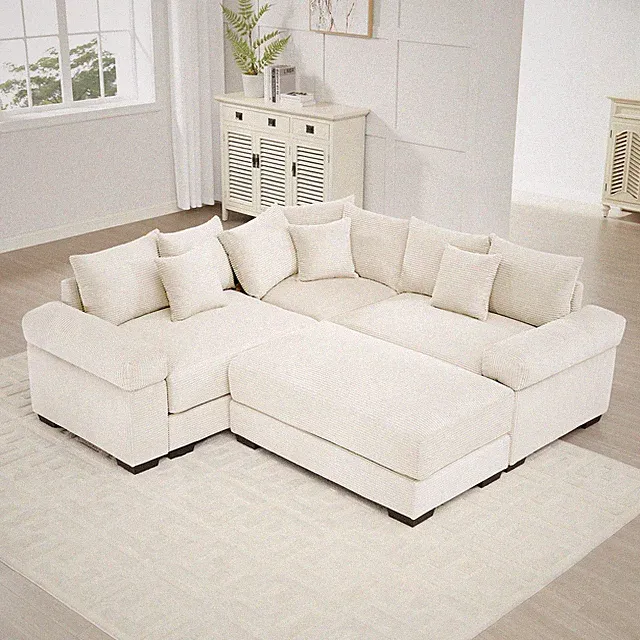 Large Cream Corduroy Modular Sectional Sofa Set with Ottoman, Easy Assembly