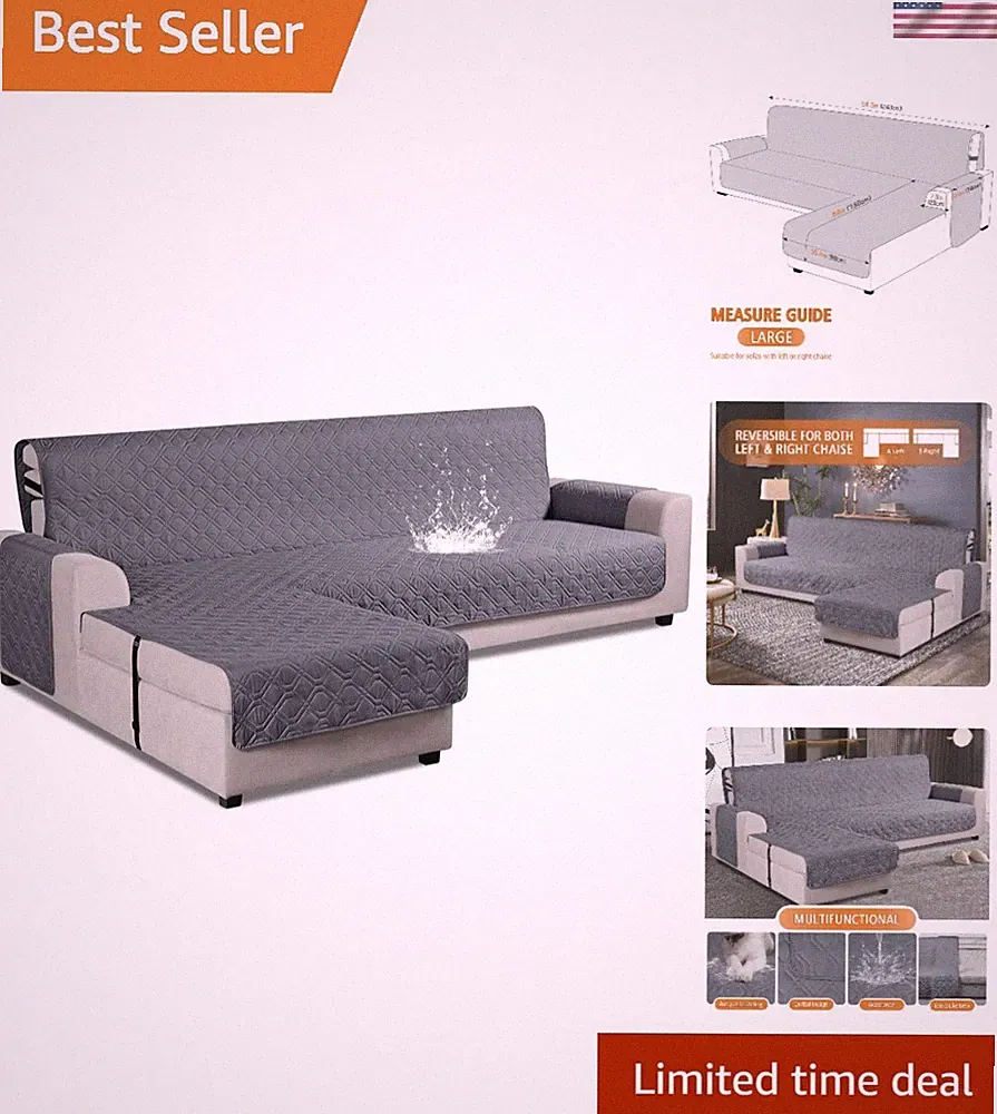 Large Dark Gray Anti-Slip Sectional Couch Cover – Machine Washable Protection