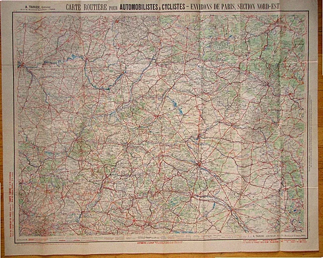 LARGE DETAILED FRENCH MAP OF SECTION NORTH/EAST OF PARIS ~ c. - 1920