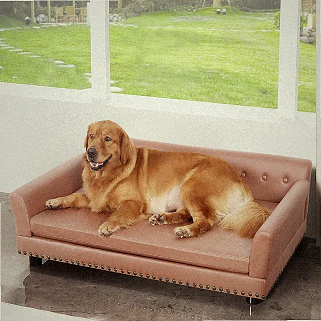 Large Dog Sofa Couch Raised Calming Dog Bed Leather Lounger Waterproof Snuggle