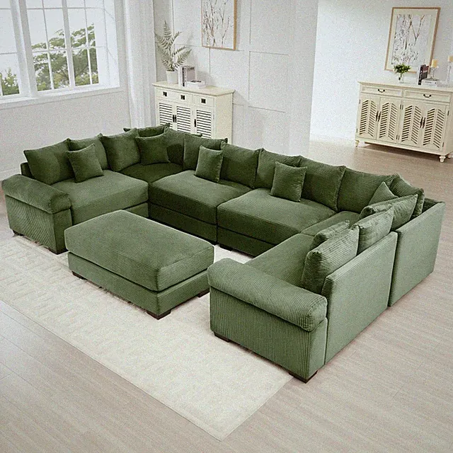 Large Green Corduroy Modular Sectional Sofa Ottoman 6-Seater Easy Assembly