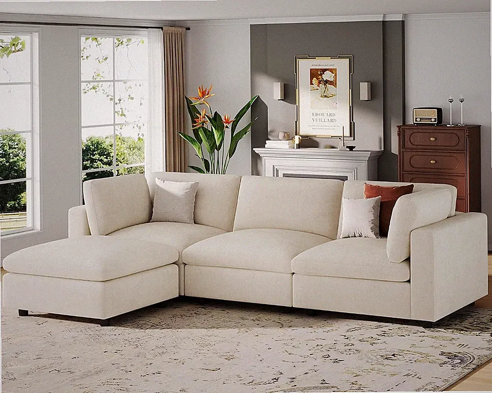 Large L Shape Sectional Modular Sofa,Chenille Beige Sectional Couch