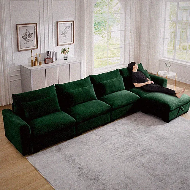 Large L-Shape Sectional Sofa w/ Storage Ottoman & 4 Lumbar Pillows, Green