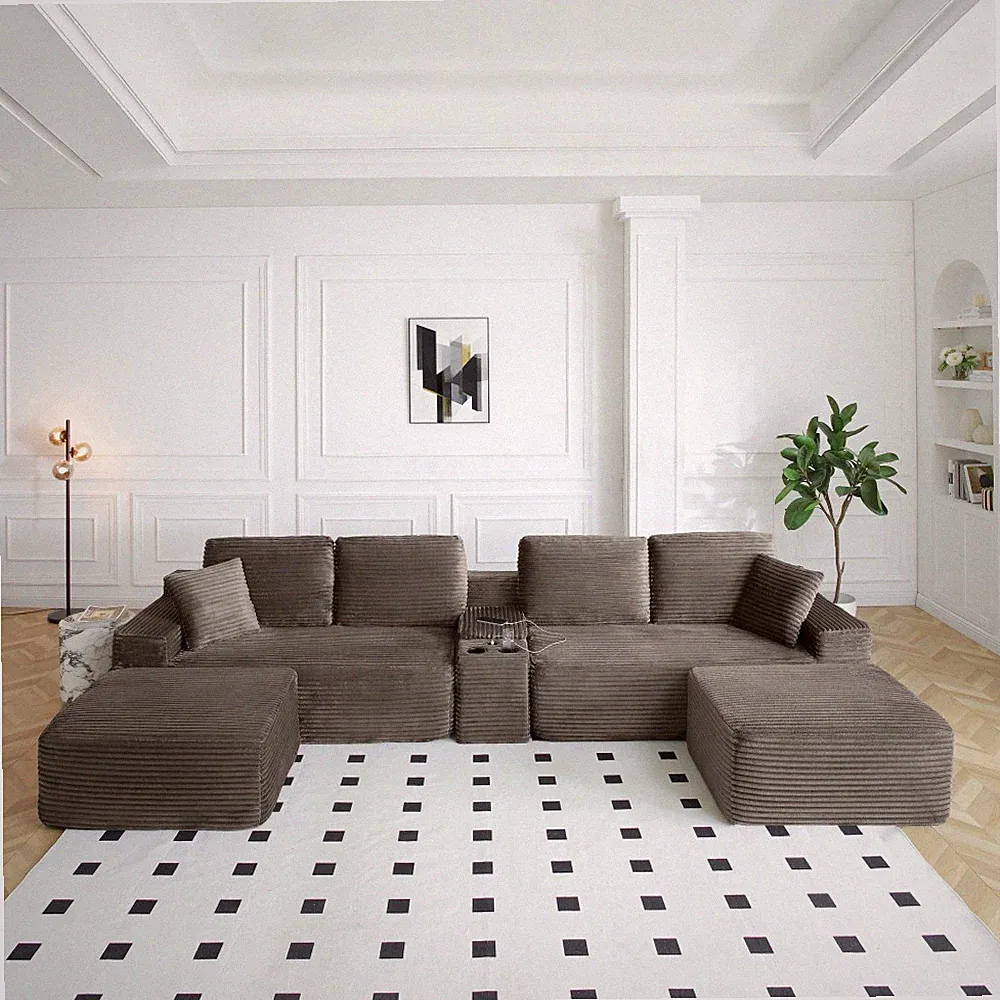 Large L-Shape Sectional Sofa with Cup Holders & USB Ports, Camel Corduroy