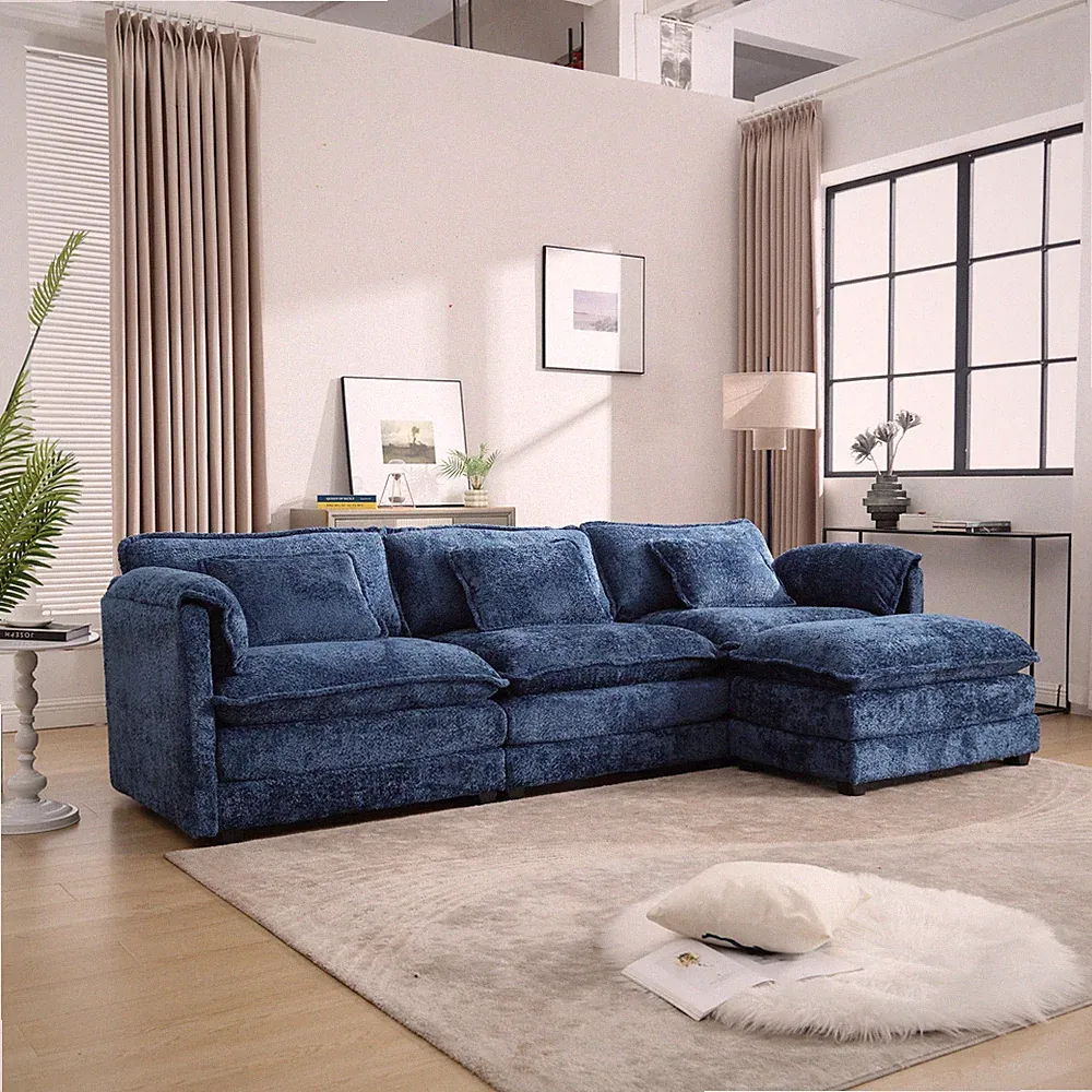 Large L-Shaped Chenille Sectional Sofa w/ Movable Pedals