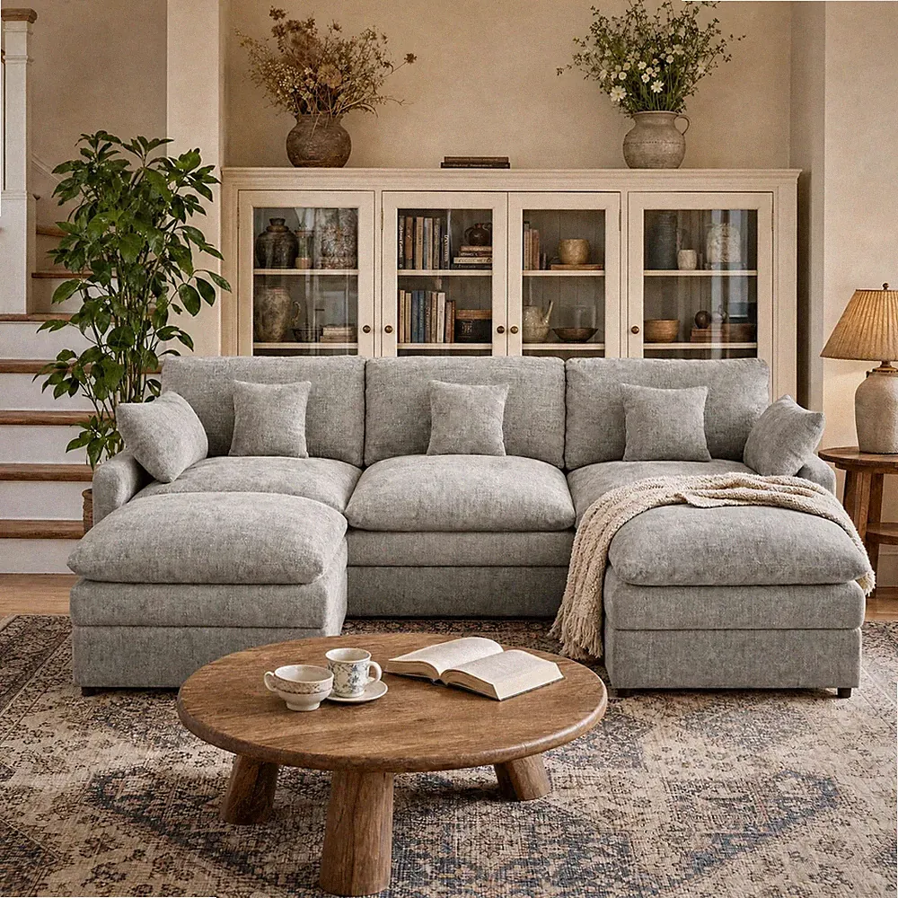 Large L-Shaped Chenille Sectional Sofa with 2 Ottomans, Cloud Couch, Soft