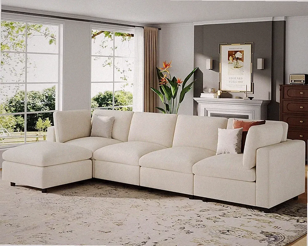 Large L Shaped Sectional Modular Sofa,Chenille Sectional Couch,Beige