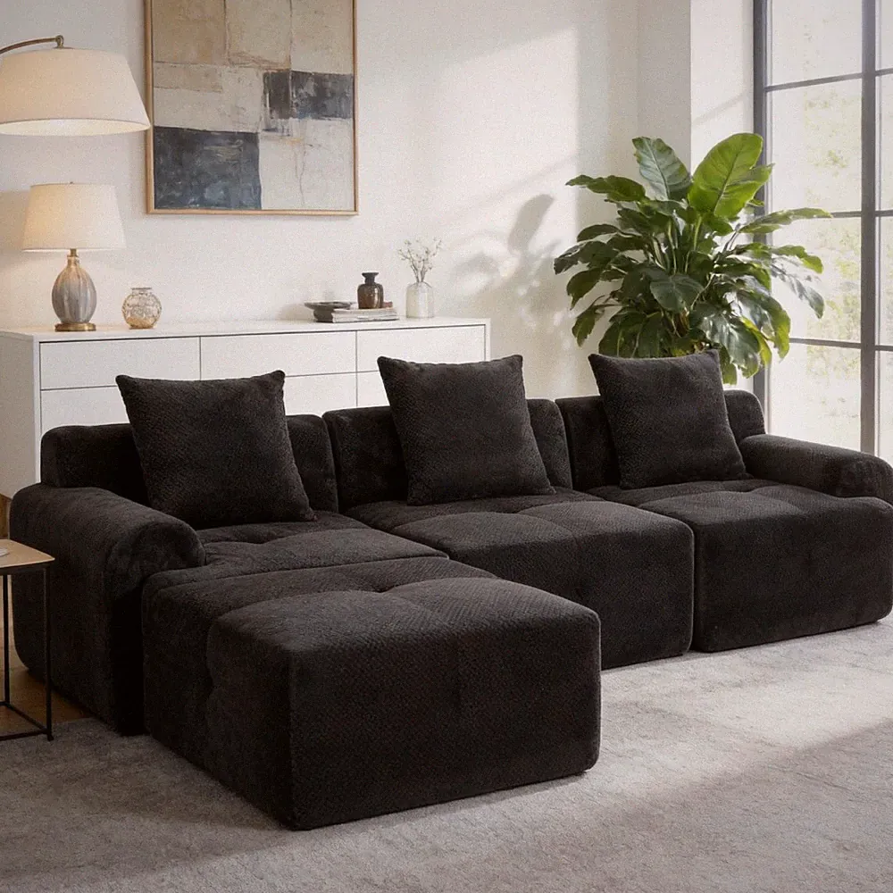 Large L-Shaped Sectional Sofa Cloud Chaise Ottoman Black Fabric 4 Seater