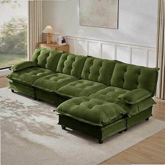 Large L-Shaped Sectional Sofa with Ottoman, Chenille Cloud Couch, Green