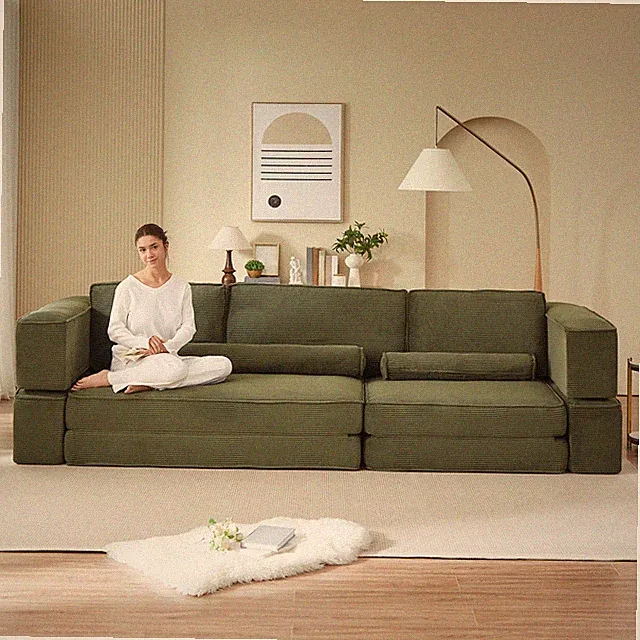 Large Modern Corduroy Sectional Sofa, 4-Seat, Army Green, Freely Combined