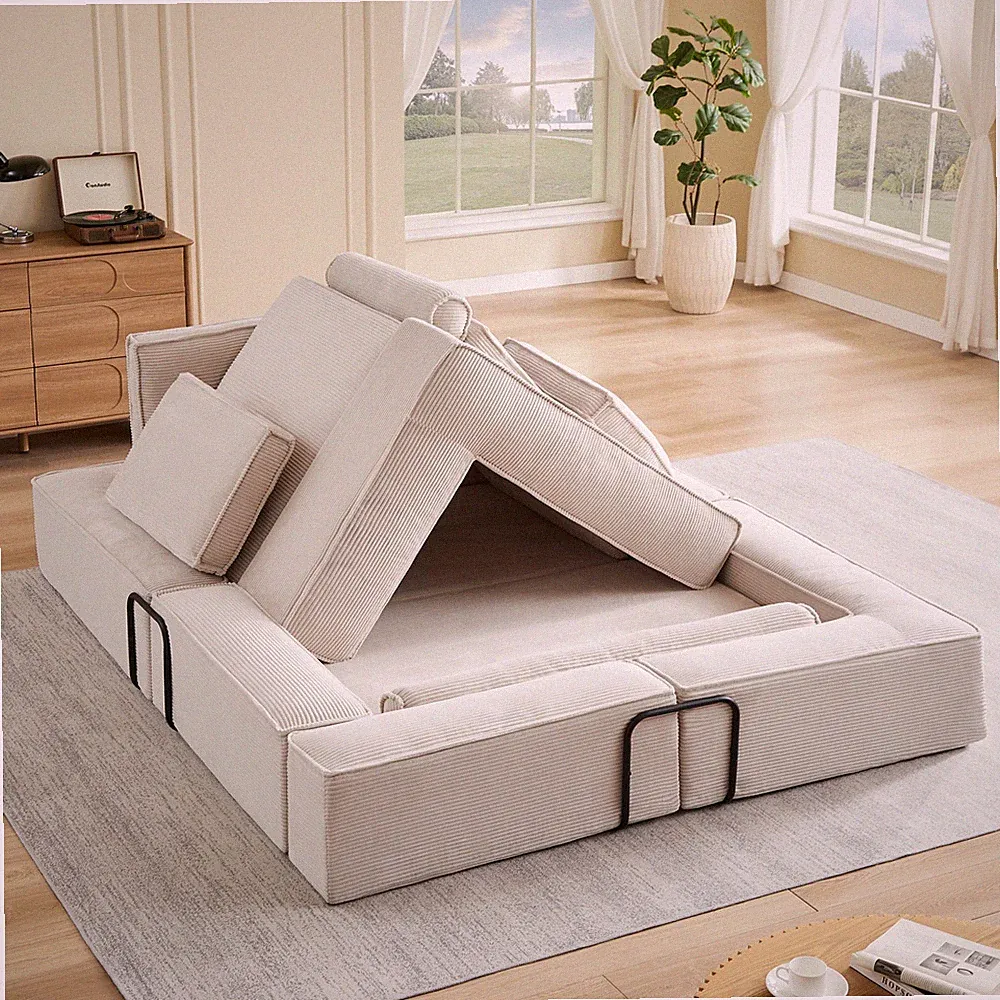 Large Modern Corduroy Sectional Sofa, 4 Seat, Khaki, Freely Combined