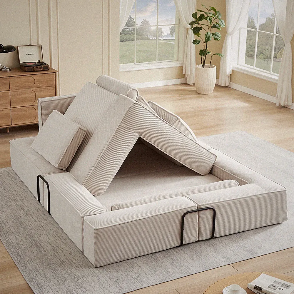 Large Modern Corduroy Sectional Sofa, 4-Seat, Khaki, Modular