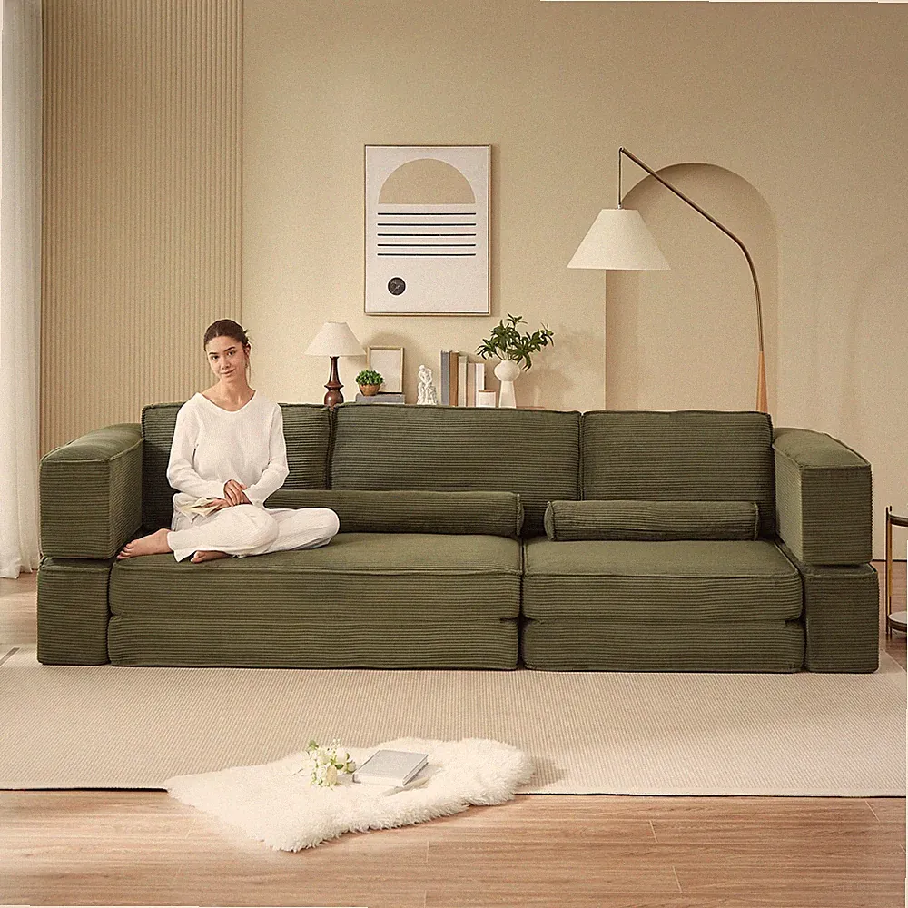 Large Modern Corduroy Sectional Sofa, Army Green, 4 Seat