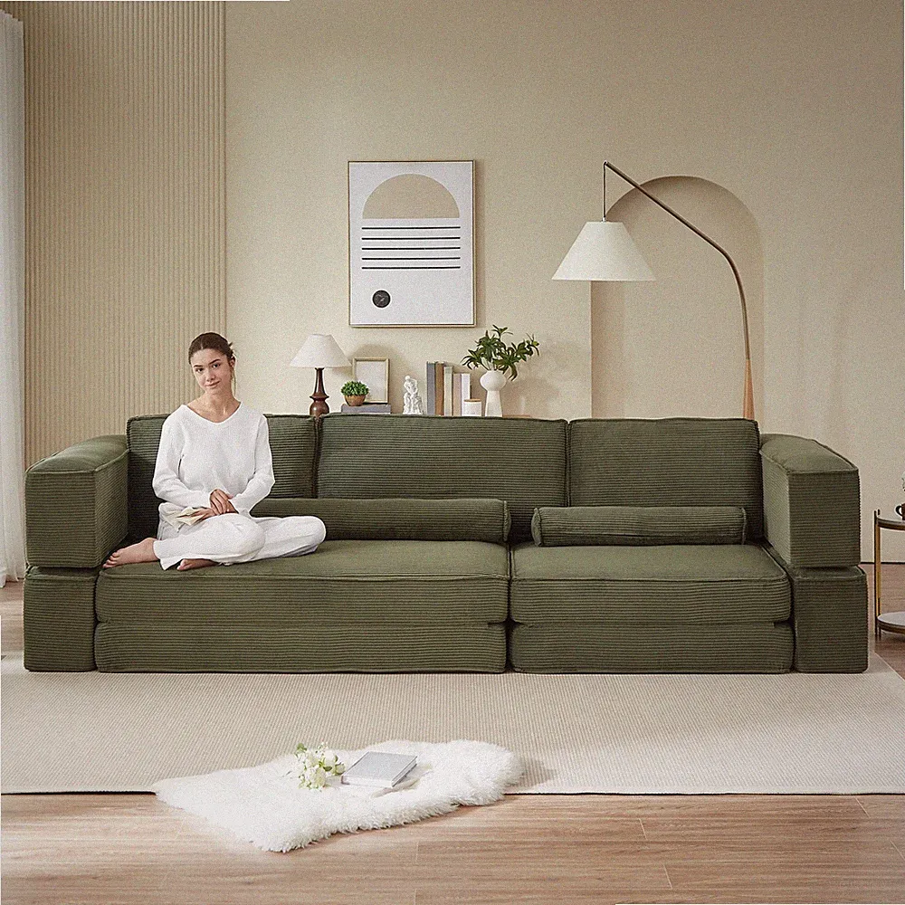 Large Modern Corduroy Sectional Sofa, Army Green, 4-Seat, Modular