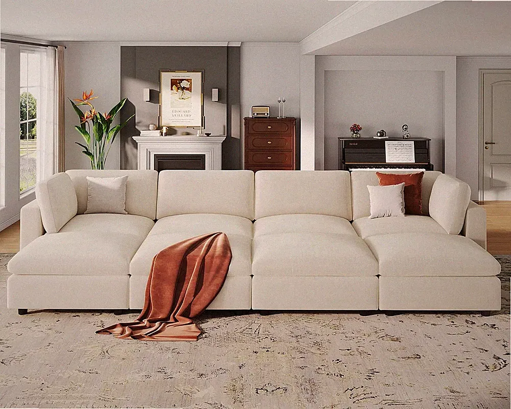 Large Modular Sectional Sofa Bed, Comfy Couch Sleeper Ottoman, Beige