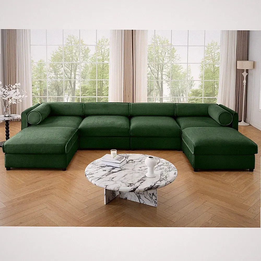 Large Modular Sectional with Ottoman & Storage, Green Chenille U-Shape Sofa