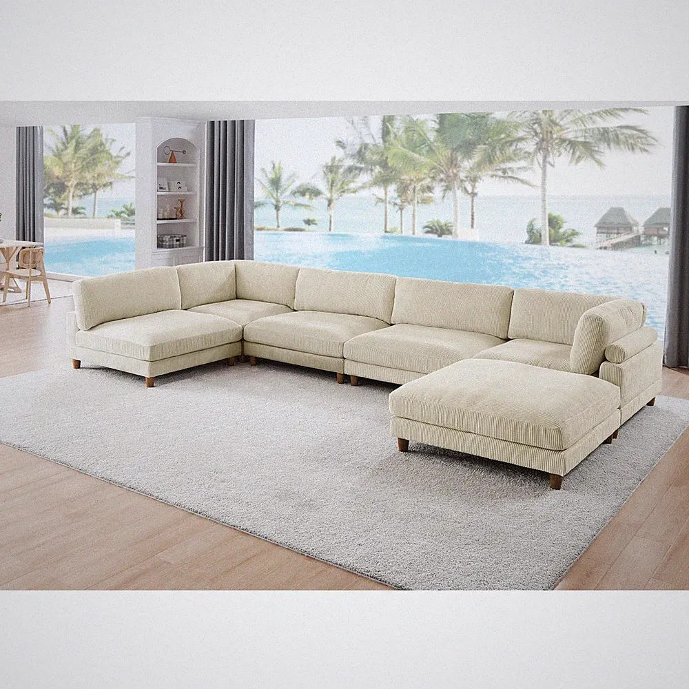 Large Seating Corduroy Modular Sectional Sofa, 6 Seat, Beige