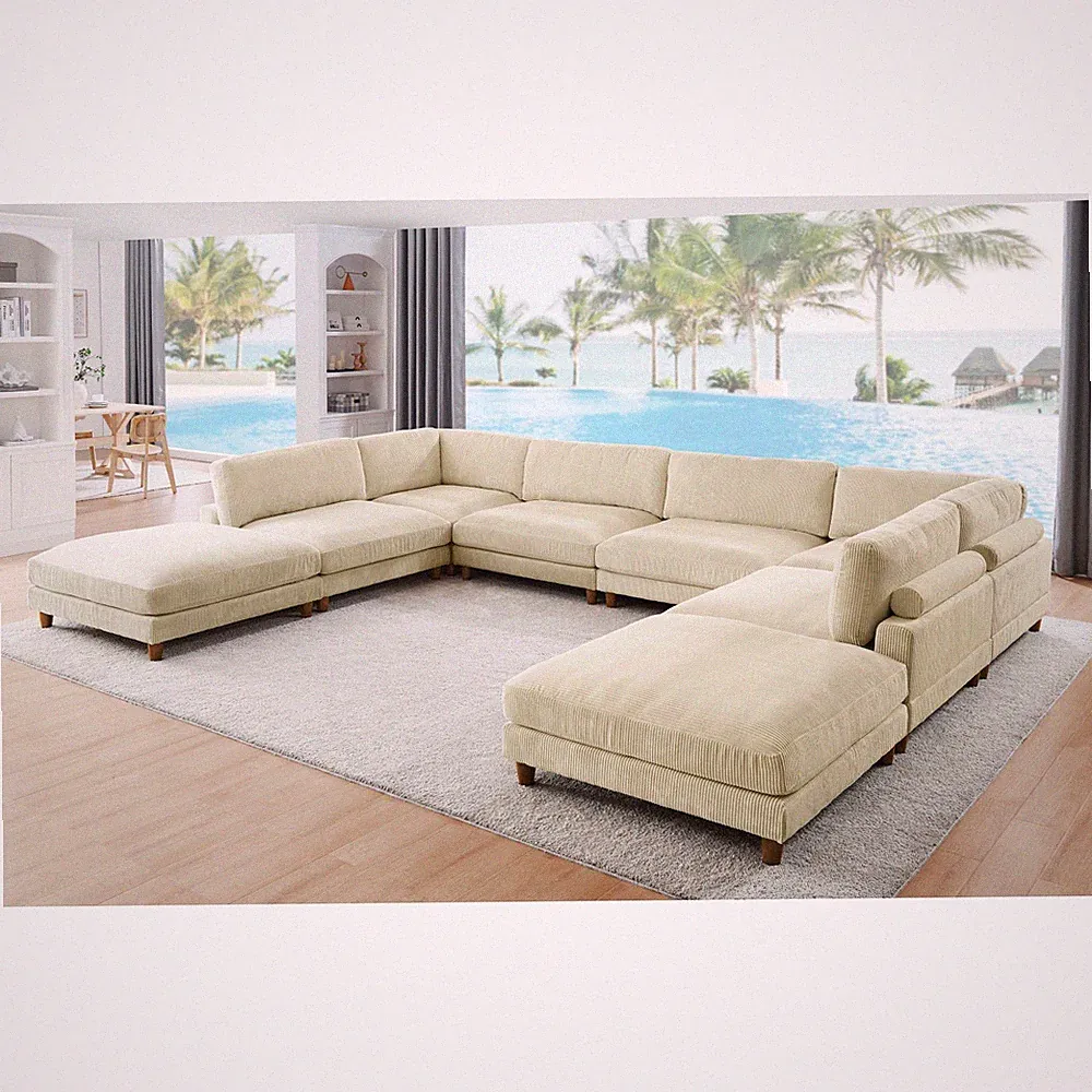 Large Seating Corduroy Modular Sectional Sofa, 8 Seat, Beige, 178"x133.5"x34"