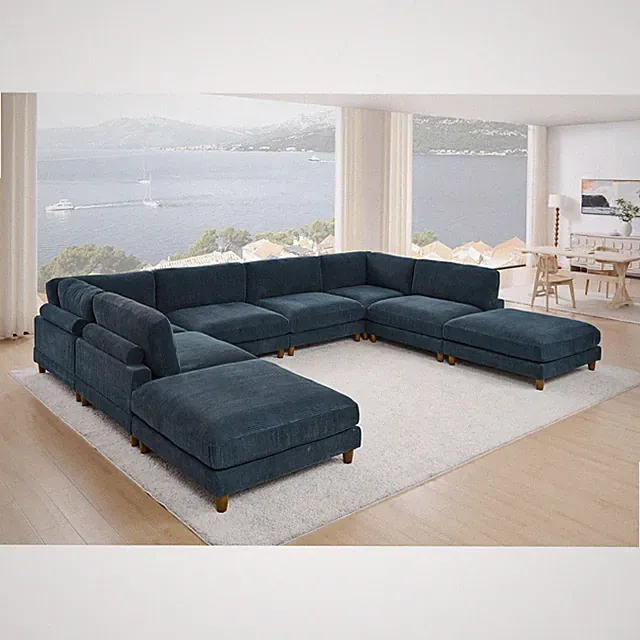 Large Seating Corduroy Modular Sectional Sofa, 8 Seat, Dark Blue