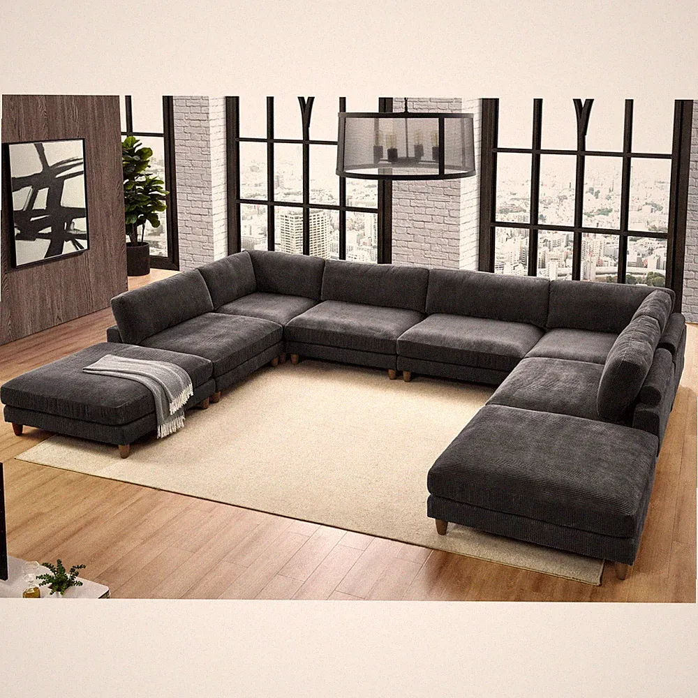 Large Seating Corduroy Modular Sectional Sofa, 8 Seat, Dark Gray