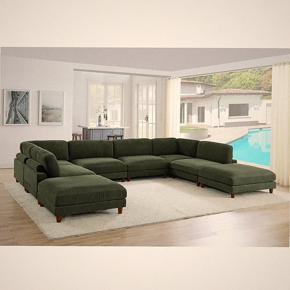 Large Seating Corduroy Modular Sectional Sofa, Dark Green, 8 Seat