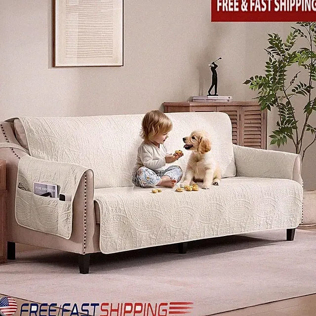 Large Sofa Cover Water Repellent Anti Slip Soft Microfiber Protector W/ Pockets