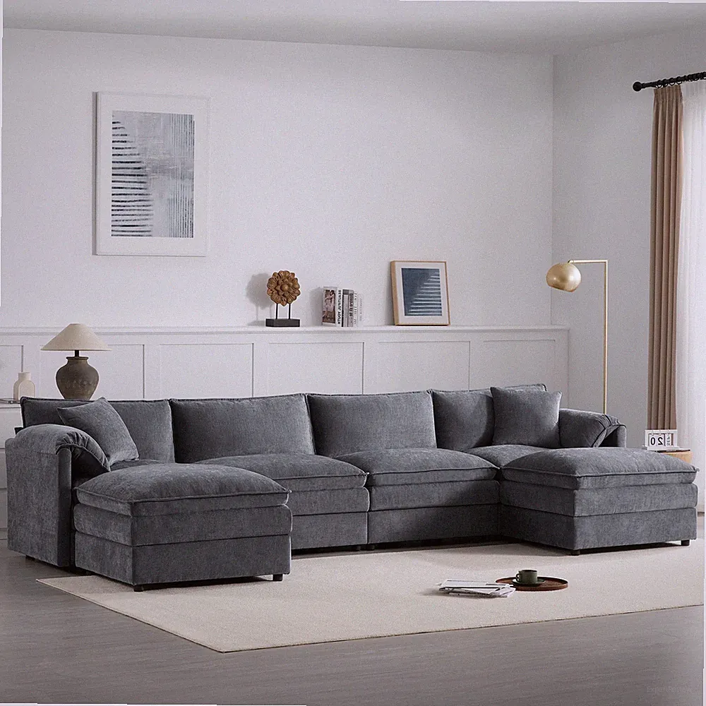 Large U-Shaped 6-Seat Chenille Sectional Sofa w/ Ottoman, Deep Seat, Dark Gray