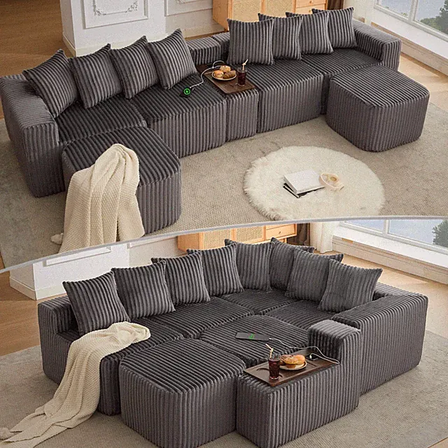 Large U-Shaped 6-Seat Modular Sofa w/ USB & Wireless Charging, Gray Corduroy
