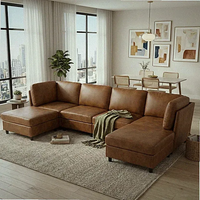 Large U-Shaped Modular Sectional Sofa with Ottomans - Light Brown
