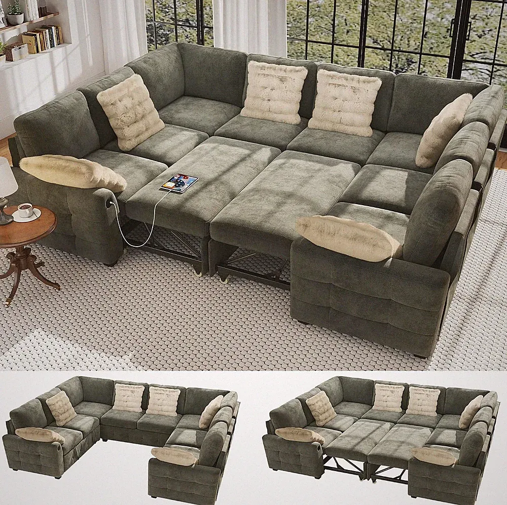 Large U-Shaped Sectional Sofa Bed, 8-Seater Convertible Sleeper with Storage Ott
