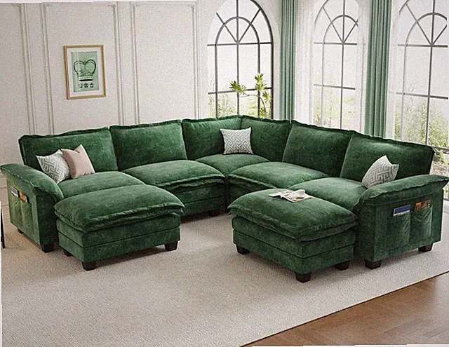 Large V-Shaped Modular Sectional Sofa, 7 Seater Cloud Couch with Ottoman, Chenil